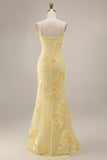 Yellow Sheath Floral Embroidered Long Prom Dress with Ruffle Slit