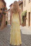 Yellow Sheath Floral Embroidered Long Prom Dress with Ruffle Slit