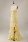 Yellow Sheath Floral Embroidered Long Prom Dress with Ruffle Slit
