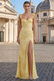 Yellow Sheath Embroidered Ruffled Strap Long Prom Dresses with Slit