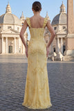 Yellow Sheath Embroidered Ruffled Strap Long Prom Dresses with Slit