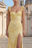 Yellow Sheath Embroidered Ruffled Strap Long Prom Dresses with Slit