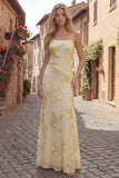 Yellow A-Line Spaghetti Straps Lace Up Back Long Prom Dress with Embroidery
