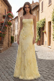 Yellow A-Line Spaghetti Straps Lace Up Back Long Prom Dress with Embroidery