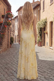 Yellow A-Line Spaghetti Straps Lace Up Back Long Prom Dress with Embroidery