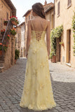 Yellow A-Line Spaghetti Straps Lace Up Back Long Prom Dress with Embroidery