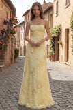 Yellow A-Line Spaghetti Straps Lace Up Back Long Prom Dress with Embroidery
