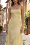Yellow A-Line Spaghetti Straps Lace Up Back Long Prom Dress with Embroidery