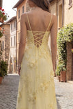 Yellow A-Line Spaghetti Straps Lace Up Back Long Prom Dress with Embroidery