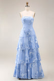 Yellow A-Line Spaghetti Straps Tiered Long Prom Dress with Embroidery
