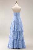 Yellow A-Line Spaghetti Straps Tiered Long Prom Dress with Embroidery
