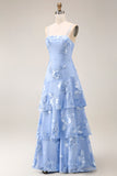 Yellow A-Line Spaghetti Straps Tiered Long Prom Dress with Embroidery