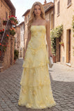 Yellow A-Line Spaghetti Straps Tiered Long Prom Dress with Embroidery