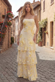 Yellow A-Line Spaghetti Straps Tiered Long Prom Dress with Embroidery
