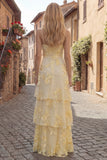Yellow A-Line Spaghetti Straps Tiered Long Prom Dress with Embroidery