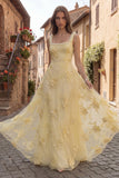 Yellow A Line Square Neck Long Prom Dress with Embroidery