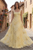 Yellow A Line Square Neck Long Prom Dress with Embroidery