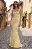 Yellow Mermaid Embroidered Square Neck Long Prom Dress