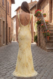 Yellow Mermaid Embroidered Square Neck Long Prom Dress