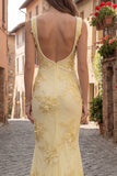 Yellow Mermaid Embroidered Square Neck Long Prom Dress