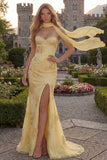 Mermaid Yellow Strapless Corset Long Prom Dress with a Neck Scarf