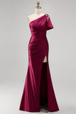 One Shoulder Burgundy Satin Ruched Mermaid Rhinestone Maxi Formal Dress with Side Slit