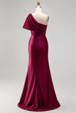 One Shoulder Burgundy Satin Ruched Mermaid Rhinestone Maxi Formal Dress with Side Slit
