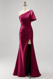 One Shoulder Burgundy Satin Ruched Mermaid Rhinestone Maxi Formal Dress with Side Slit