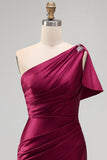One Shoulder Burgundy Satin Ruched Mermaid Rhinestone Maxi Formal Dress with Side Slit