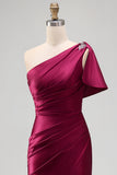 One Shoulder Burgundy Satin Ruched Mermaid Rhinestone Maxi Formal Dress with Side Slit