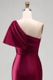One Shoulder Burgundy Satin Ruched Mermaid Rhinestone Maxi Formal Dress with Side Slit