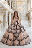 Tiered Ball Gown Strapless Black Apricot Quinceanera Dress
