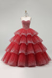 Tiered Ball Gown Strapless Red Beaded Quinceanera Dress
