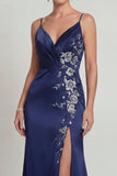 Navy Satin Spaghetti Straps Appliqued Mother of the Bride Dress with Slit
