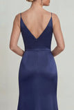 Navy Satin Spaghetti Straps Appliqued Mother of the Bride Dress with Slit