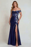 Off the Shoulder Navy Satin Embroidered Mother of the Bride Dress with Slit