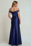 Off the Shoulder Navy Satin Embroidered Mother of the Bride Dress with Slit
