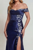 Off the Shoulder Navy Satin Embroidered Mother of the Bride Dress with Slit