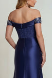 Off the Shoulder Navy Satin Embroidered Mother of the Bride Dress with Slit
