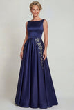 Navy A Line Boat Neck Satin Mother of the Bride Dress with Embroidery