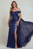 Off the Shoulder Navy Corset Beaded Mermaid Mother of the Bride Dress with Slit