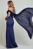 Off the Shoulder Navy Corset Beaded Mermaid Mother of the Bride Dress with Slit