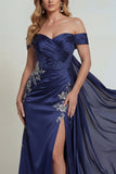Off the Shoulder Navy Corset Beaded Mermaid Mother of the Bride Dress with Slit