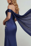 Off the Shoulder Navy Corset Beaded Mermaid Mother of the Bride Dress with Slit