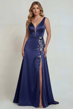 Navy A Line Satin V Neck Long Mother of the Bride Dress with Slit