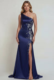 Navy One Shoulder Mermaid Embroidered Mother of the Bride Dress with Slit