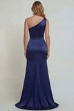 Navy One Shoulder Mermaid Embroidered Mother of the Bride Dress with Slit