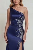 Navy One Shoulder Mermaid Embroidered Mother of the Bride Dress with Slit