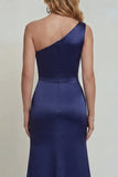 Navy One Shoulder Mermaid Embroidered Mother of the Bride Dress with Slit