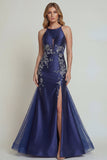 Navy Mermaid Embroidered Halter Satin Mother of the Bride Dress with Slit